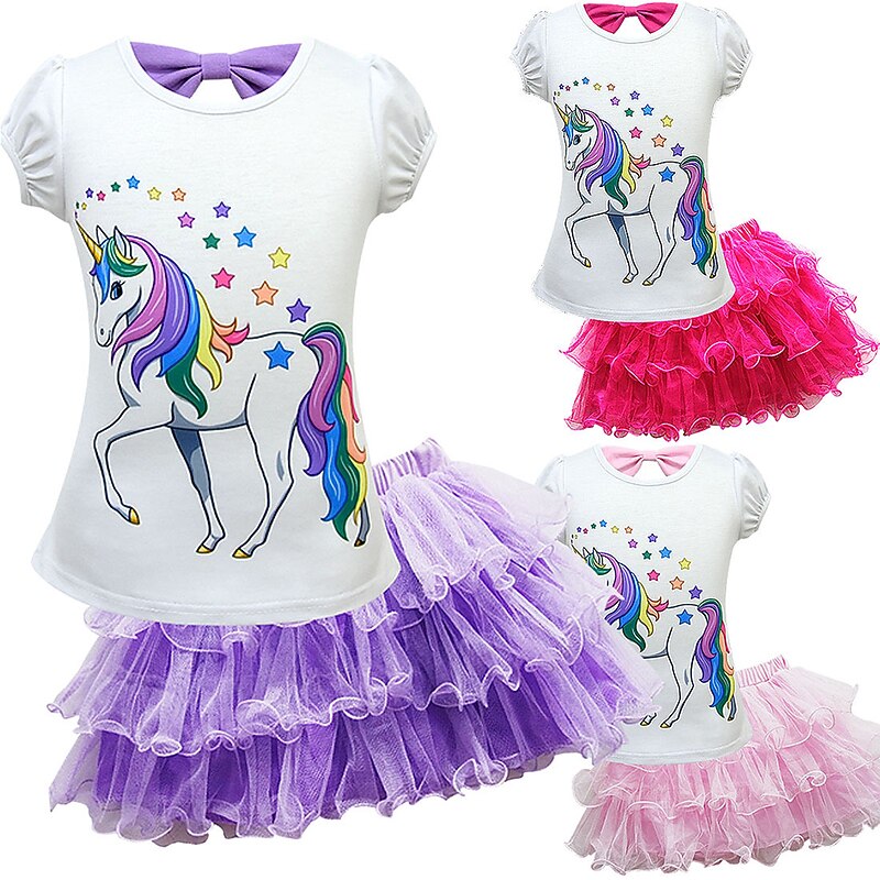 Kids Girls' Unicorn 2Pcs T-shirt&Skirt Clothing Set Bow Short Sleeve Purple Blushing Pink Fuchsia Horse Unicorn Cartoon Bow Tulle Cotton Basic4