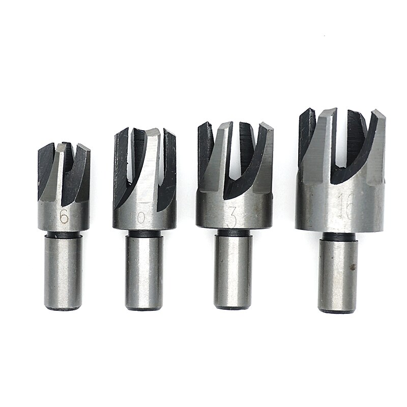 4pcs Round Shank Claw Cork Drill 3/8(9.5mm) Carpentry Wood Plug Cutter Four-Tooth Chamfered Cutters Chamfered Hole Drill 6mm 10mm 13mm 16mm