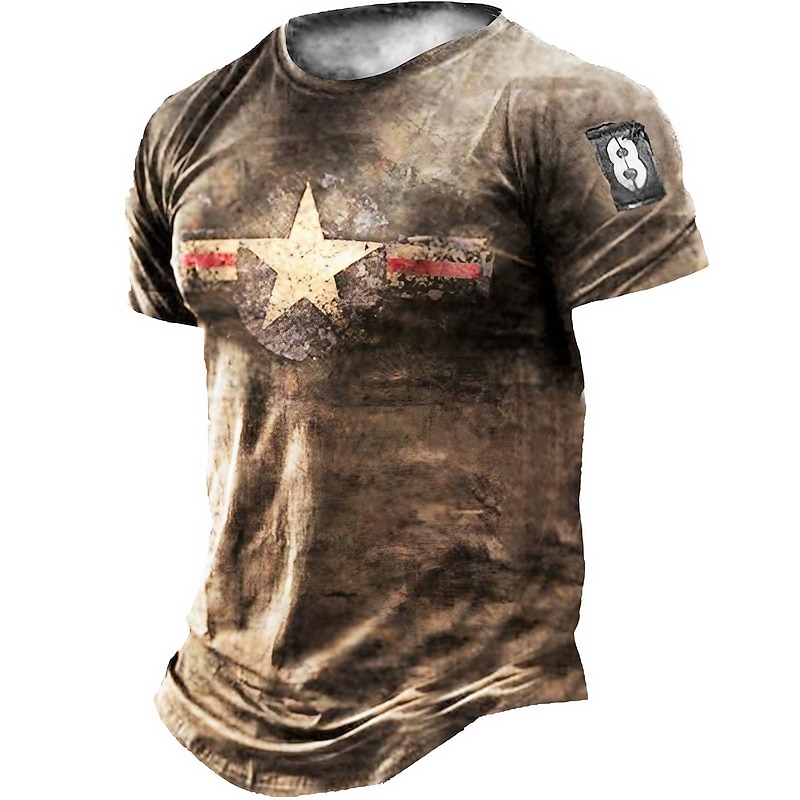 Men's Unisex Star Graphic Prints T Shirt Distressed T Shirt Short Sleeve T shirt 3D Print Crew Neck Shirt Vintage Sports Designer Outdoor Street Daily Light Brown Gold Brown Summer Clothing Apparel S