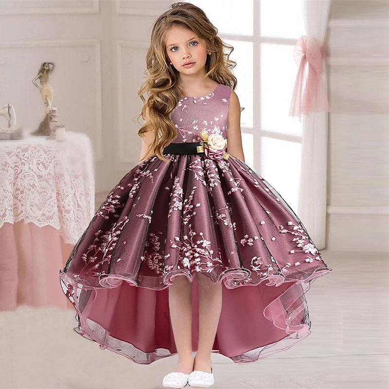 Kids Girls' Dress Floral Solid Colored Sleeveless Wedding Party Ruched Mesh Cute Princess Polyester Asymmetrical Floral Embroidery Dress A Line Dress Tulle Dress Summer Spring 3-12 Years Pink Wine4