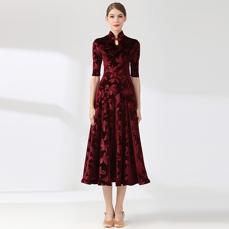 Ballroom Dance Dress Printing Women's Performance Training Half Sleeve High Velvet3