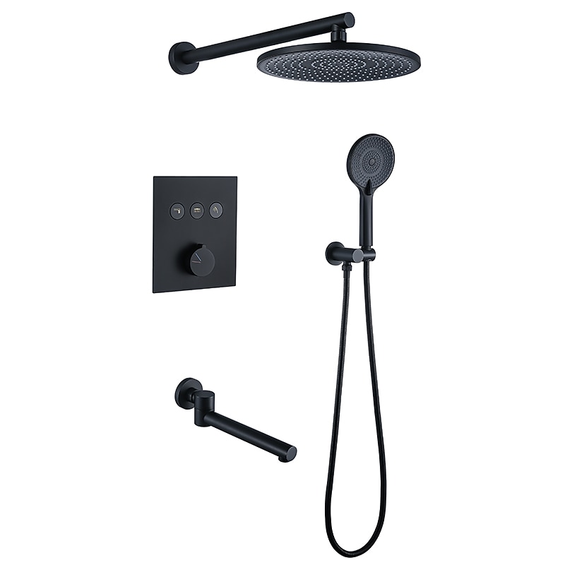 10 Inch Round Shower Faucets Sets,3-Function Matte Black / Chrome Complete with Brass Shower Head and Solid Brass Handshower Mount Inside Rainfall Shower Head System