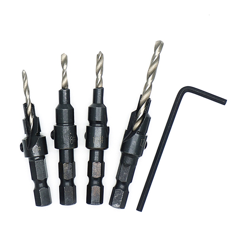 4pcs Drill Bits HSS Hexagon Shank Countersunk Tapper Tool Woodworking Wood Pilot Hole Size #6 #8 #10 #12 With 1 Wrench