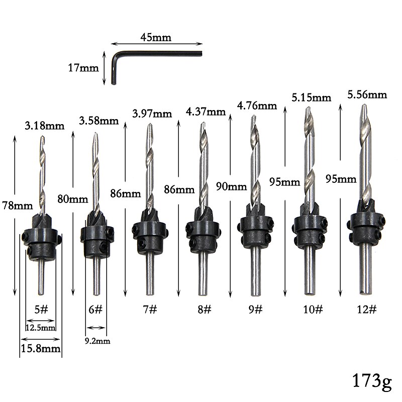 Countersink Drill Bits With Adjustable Depth Stop Collar Wood Woodworking 7pc Drilling Hole Saw 4 Flute4