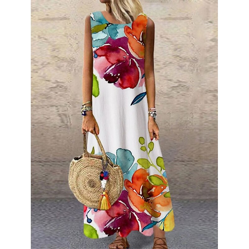 Women's Maxi Dress Casual Dress Sundress Shift Dress Fashion Vacation Party Casual Regular Fit Floral Print Sleeveless Crew Neck Rainbow Summer Spring Fall Autumn2