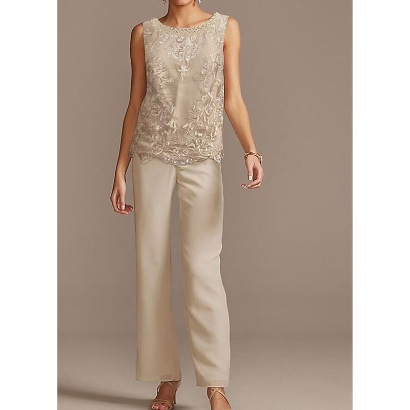 Pantsuit Mother of the Bride  Formal Wedding Guest Elegant Jewel Neck Floor Length Chiffon Lace 3/4 Length Sleeve with Beading Appliques3