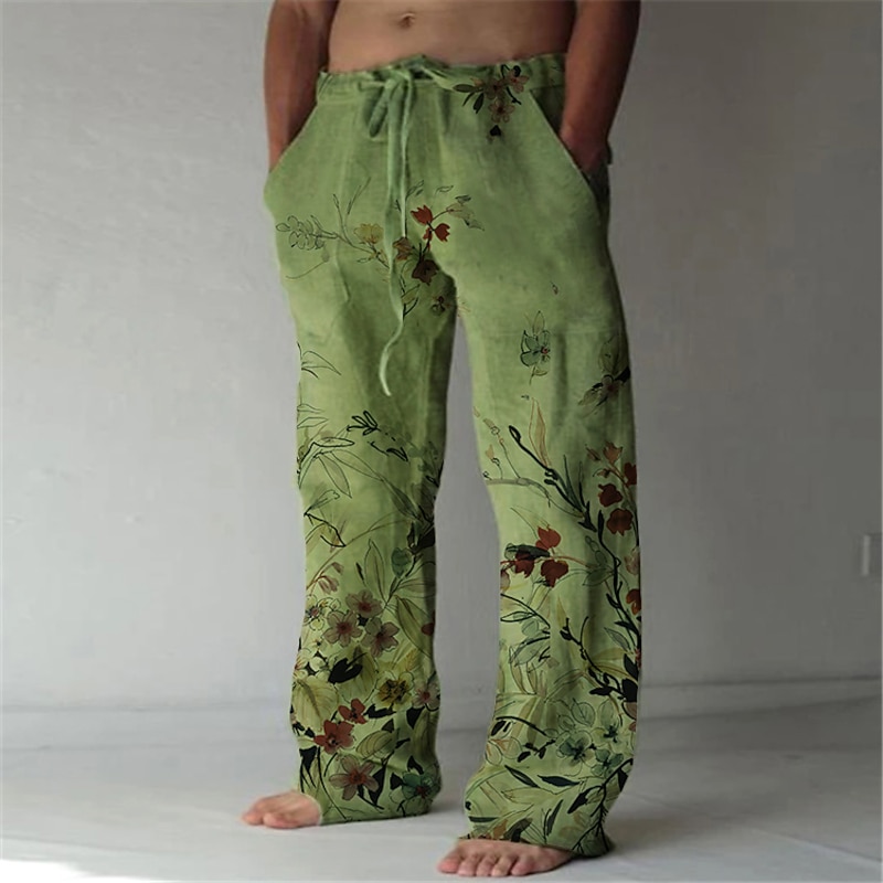 Men's Trousers Summer Pants Beach Pants Elastic Drawstring Design Front Pocket Straight Leg Graphic Prints Flower / Floral Comfort Soft Casual Daily For Vacation Linen Like Fabric Fashion Designer3