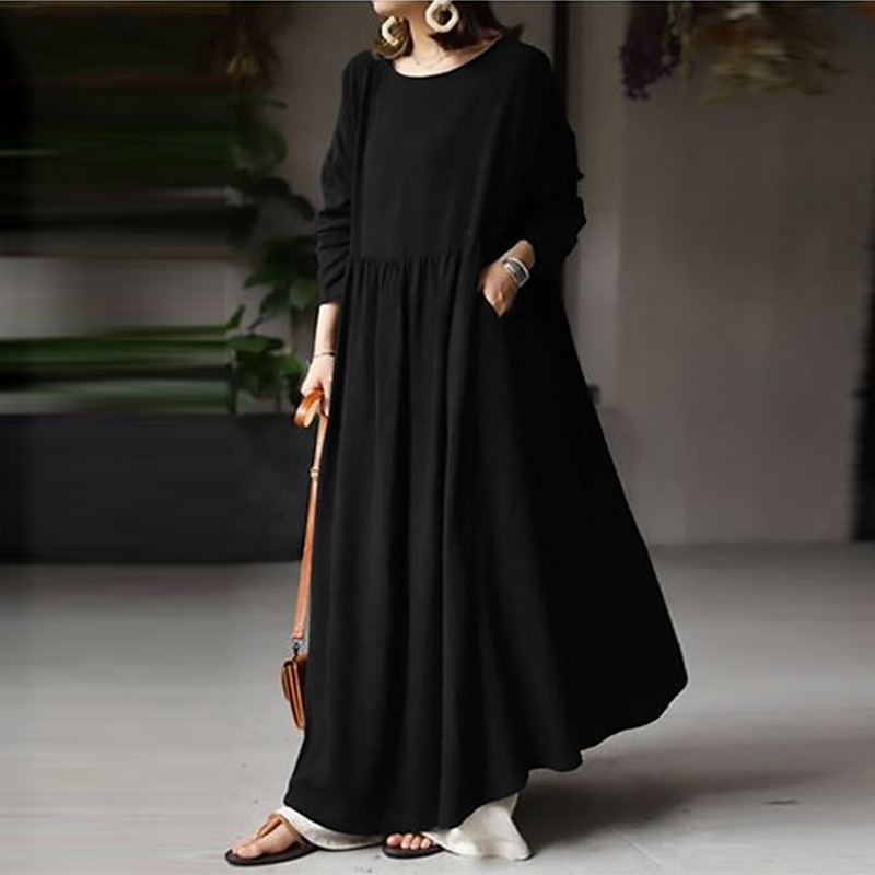 Women's Linen-Cotton Blend Maxi Dress Long Sleeve Loose Fit Patchwork Crew Neck Casual2