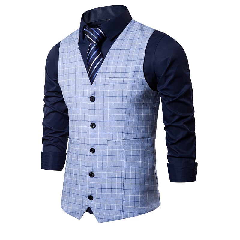 Men's Vest Waistcoat Wedding Daily Wear Going out Festival Business Basic Fall & Winter Pocket Polyester Breathable Soft Comfortable Plaid Single Breasted V Neck Regular Fit Camel ash-colored Dark3