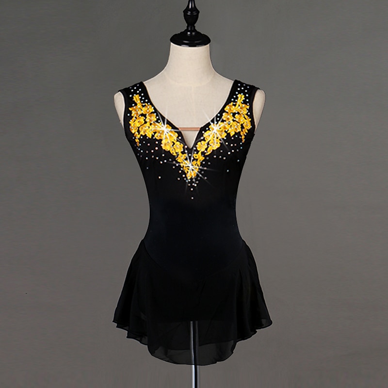 Figure Skating Dress Women's Girls' Ice Skating Dress White Yellow Open Back Patchwork Spandex High Elasticity Training Practice Professional Skating Wear Classic Crystal / Rhinestone Sleeveless Ice2