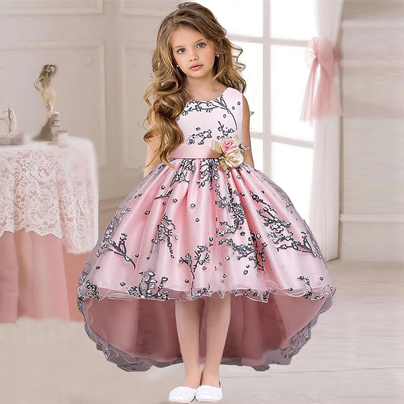 Kids Girls' Dress Floral Solid Colored Sleeveless Wedding Party Ruched Mesh Cute Princess Polyester Asymmetrical Floral Embroidery Dress A Line Dress Tulle Dress Summer Spring 3-12 Years Pink Wine