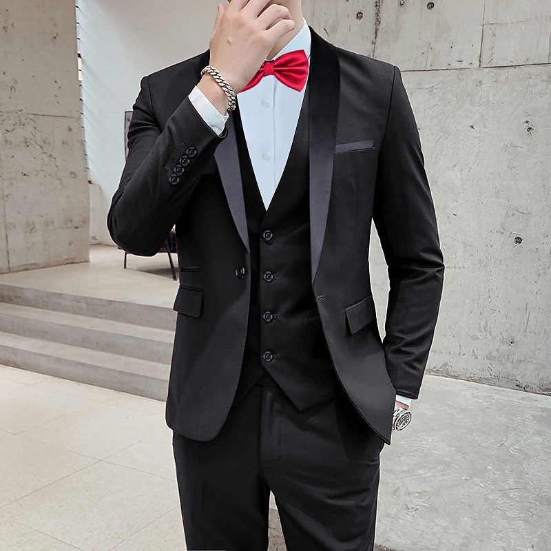 Men's Wedding Party Tuxedos Black Red Solid Color Standard Fit 3 Piece Single Breasted One-button2