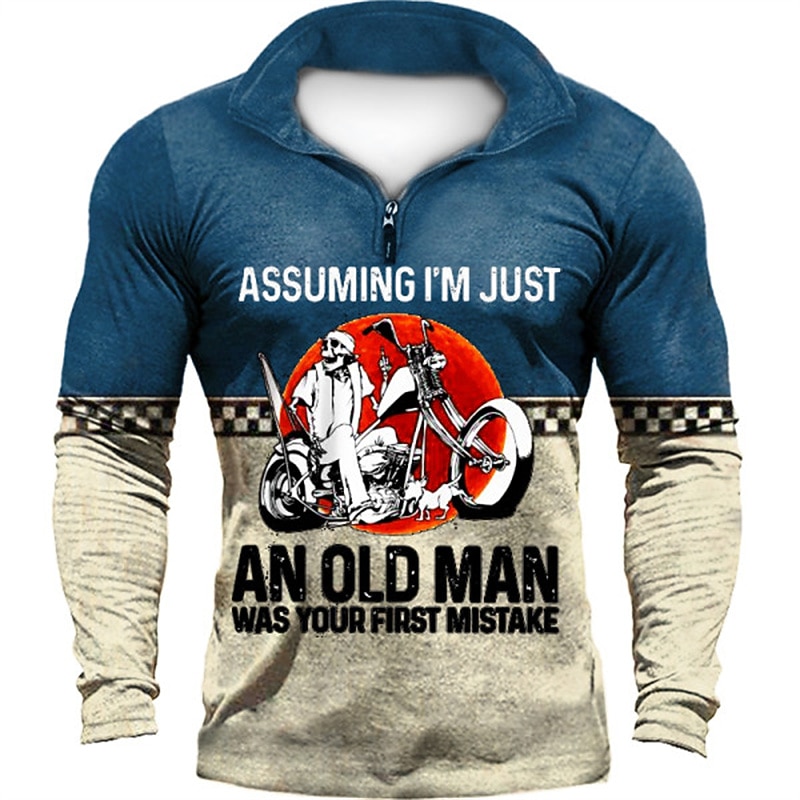 Men's Long Sleeve Graphic Tee with Biker Quote: 'Assuming I'm Just An Old Man Was Your First Mistake' Funny Quarter-Zip Shirt