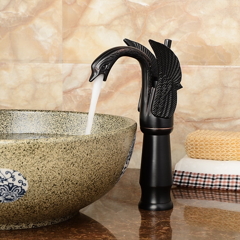 Retro Bathroom Sink Mixer Faucet Brass Swan Shap, Monobloc Washroom Basin Taps Single Handle One Hole Deck Mounted, Mono Water Vessel Tap Hot and Cold Hose Antique3