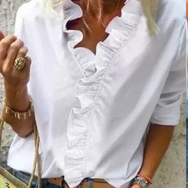 Women's Blouse Shirt V Neck Lettuce Trim Plain Modern V Neck Regular Spring &  Fall Green Blue White Orange2