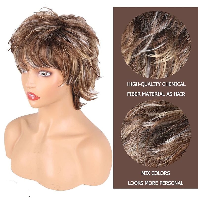 Short Brown Wigs for Women Pixie Cut Wig with Bangs Layered Straight Curly Wigs for White Women Shaggy Full Synthetic Wig Wavy Curly Medium Length Mixed Brown Highlight Wig For Daily Party4