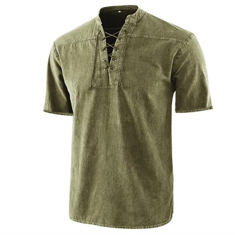 Men's Shirt Summer Shirt Beach Wear Casual Shirt Black Wine Army Green Navy Blue Blue Short Sleeve Plain Solid Colored Stand Collar Outdoor Street Lace up Clothing Apparel Fashion Casual Breathable4