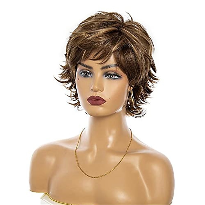 Dark Brown Mixed Blonde Wig Brown with Highlights Pixie Cut Wigs for White Women with Bangs Short Wavy Synthetic Wig Natural Real Hair Christmas Party Wigs4