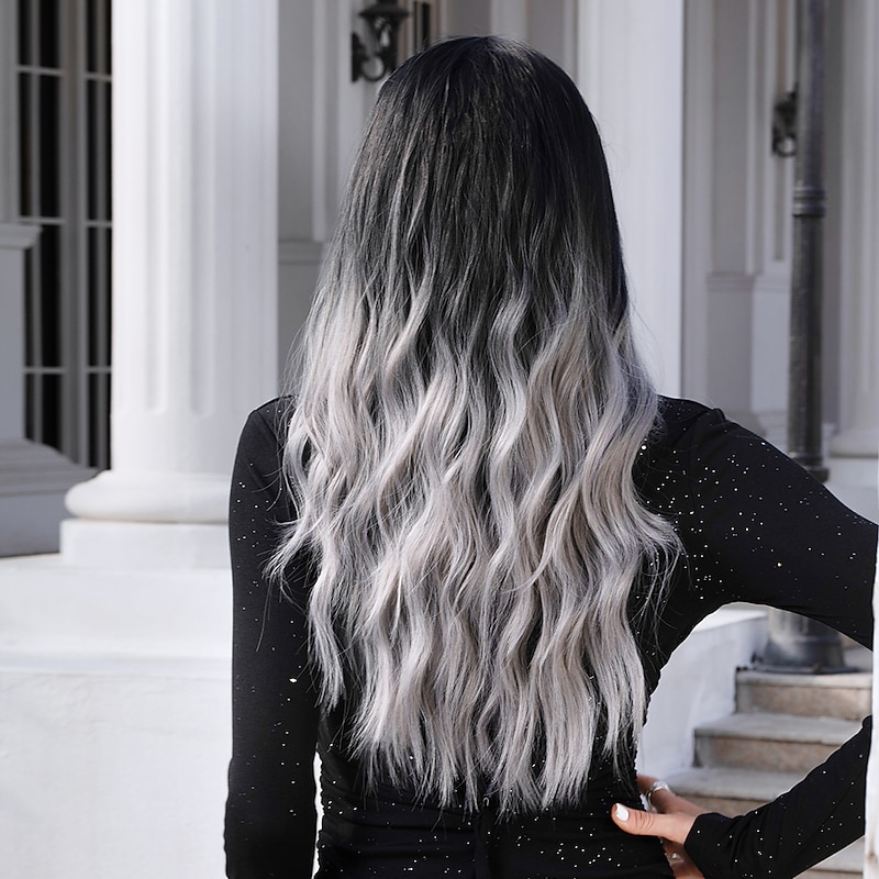 HAIRCUBE Ombre Black to Gray Wigs Natural Wavy Hair Wig Middle Part for Women Cosplay Synthetic Heat Resistant Fiber Daily Wigs Christmas Party Wigs4