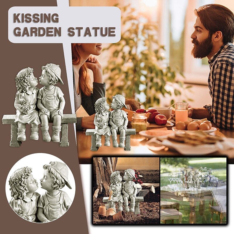 First Kiss Resin Garden Statue Puppy Love Little Girl and Boy Kissing Yard Miniature Figurine Garden Decoration