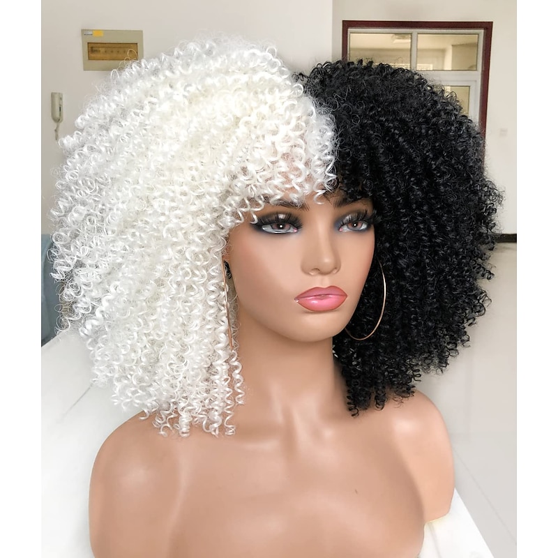 Short Curly Wig 14inch Afro Curly Wig with Bangs Heat-Resistant Synthetic Black and White Hair for Black Women Halloween Wigs4