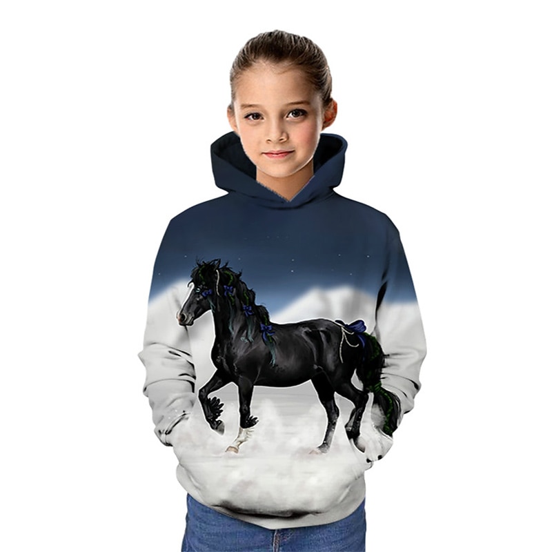 Girls' 3D Animal Horse Hoodie Long Sleeve 3D Print Fall Winter Fashion Streetwear Adorable Kids 3-13 Years Outdoor Daily Indoor Regular Fit3