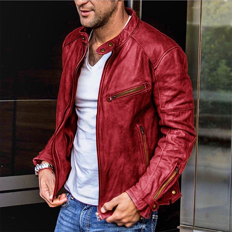 Men's Faux Leather Jacket Biker Jacket Motorcycle Jacket Thermal Warm Rain Waterproof Jacket Outerwear Black Red