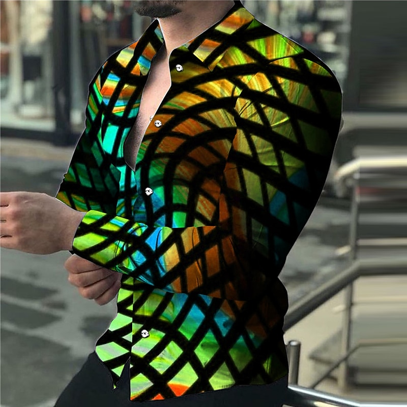 Men's Color Block Optical Illusion Geometric Pattern Shirt Button Up Shirt Long Sleeve Fashion Designer Casual Outdoor Street Holiday Summer Spring Turndown Print Button-Down Pink Purple Green3