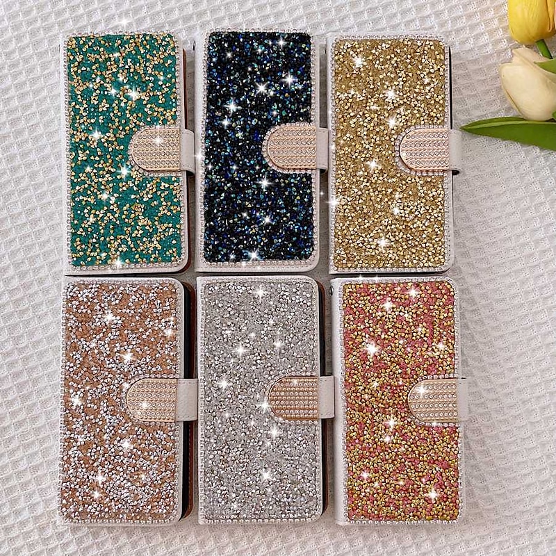 Phone Case For Samsung Galaxy S25 S24 S23 S22 S21 FE S21 Ultra Plus A55 5G A35 5G A25 A15 Wallet Case Bling Rhinestone with Phone Strap Glitter Shine Crystal Diamond PU Leather2