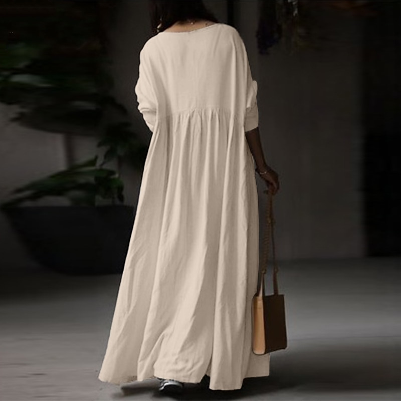 Women's Linen-Cotton Blend Maxi Dress Long Sleeve Loose Fit Patchwork Crew Neck Casual4
