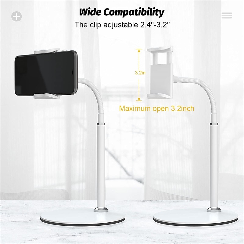 Cell Phone Stand, Adjustable Height & Angle Phone Holder Gooseneck Flexible Arm Universal Phone Stand for Desk, Aluminum Alloy Desktop Cell Phone Holder Compatible with 3.5"-6.5" Device2