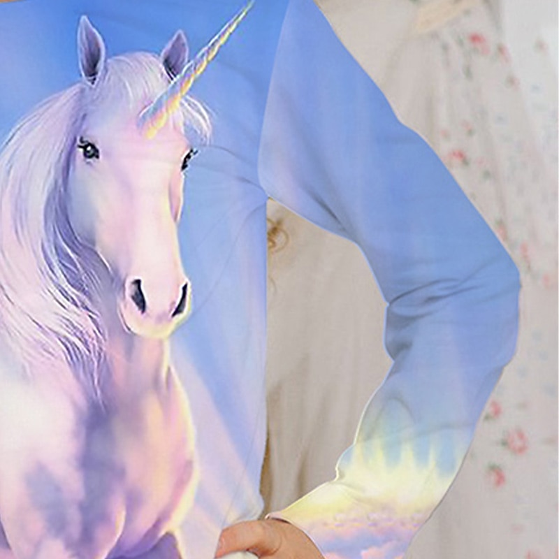 Kids Girls' Unicorn 3D Print  T shirt Tee Long Sleeve Animal Print Blue Children Tops Fall Active School Daily Wear Regular Fit 4-12 Years4