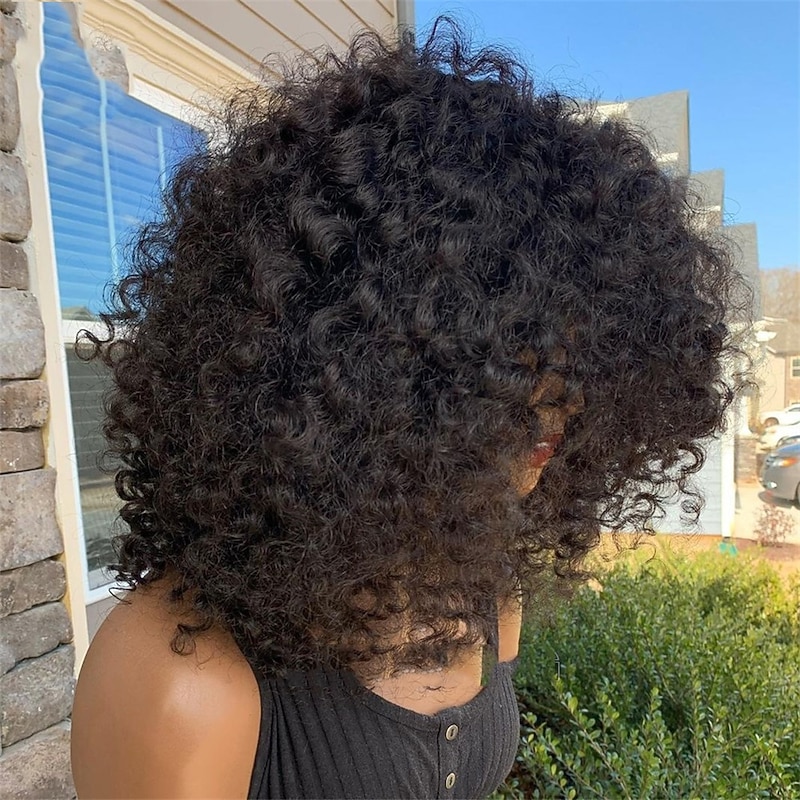 Remy Human Hair Wig Curly With Bangs Natural Black Capless Brazilian Hair Women's Natural Black #1B 8 inch 10 inch 12 inch Vacation Party / Evening Daily Wear4