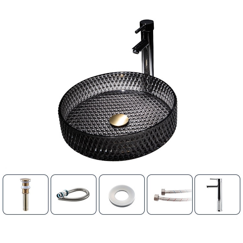 Bathroom Vessel Sink with Chrome Faucet,Wash Basin Glass Countertop Cylinder Wash Basin Hand Washbasin Worktop Installation Glass Basin Set with Chrome Brass Tap 21