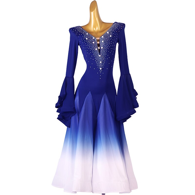 Ballroom Dance Dress Crystal / Rhinestone Pearls Women's Training Performance Long Sleeve High Chinlon Chiffon2