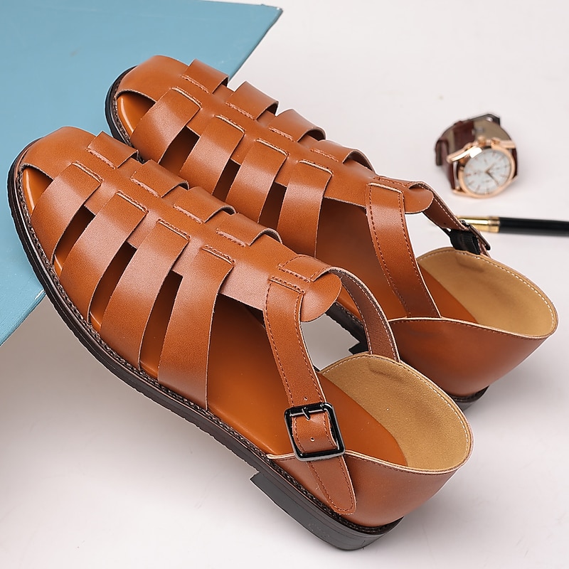 Men's Brown Faux Leather Closed-Toe Fisherman Sandals with Buckle Strap – Casual Breathable Summer Shoes for Outdoor and Daily Wear2