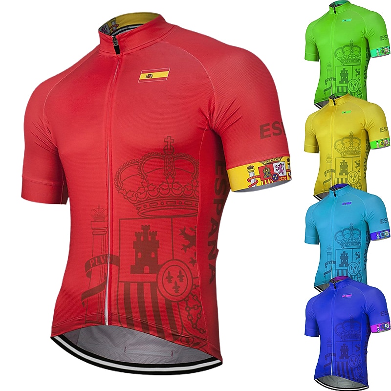 Men's Cycling Jersey Spain National Flag Short Sleeve Bike Jersey Top with 3 Rear Pockets Mountain Bike MTB Road Bike Cycling UV Resistant Quick Dry Reflective Strips Back Pocket Sports Yellow Red