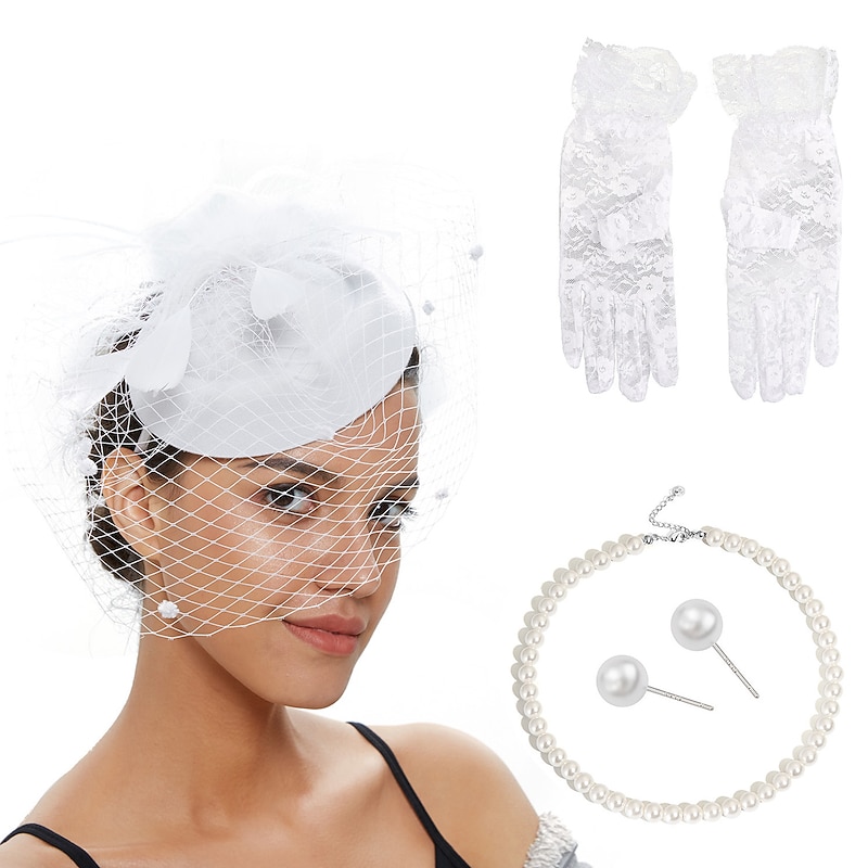 Retro Vintage 1950s 1920s Headpiece Party Costume Fascinator Hat Fancy Dress Women's Masquerade Party / Evening Bachelorette Party Adults' Gloves Earrings Necklace4