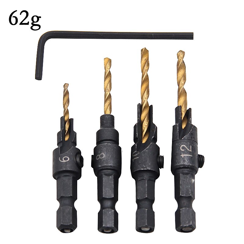 4pcs Drill Bits HSS Hexagon Shank Countersunk Tapper Tool Woodworking Wood Pilot Hole Size #6 #8 #10 #12 With 1 Wrench3