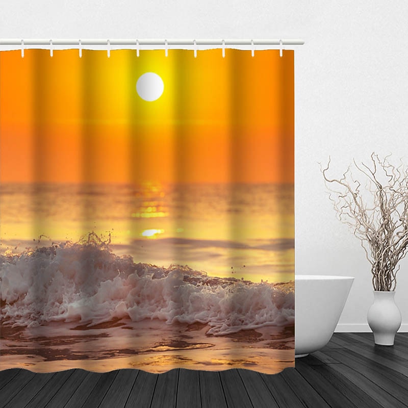 Shower Curtain with Hooks 180cm*180cm(70"*70") Polyester Washable Waterproof Sunrise Sunset Sea Seaside Coconut Tree Pattern4