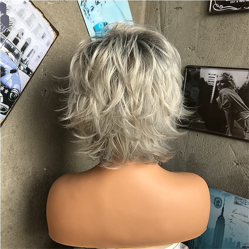 Pixie Cut Wigs Short Grey Wig Silver Omber Gray Wavy Pixie Cut Wigs for White Women with Bangs Synthetic Natural Hair3