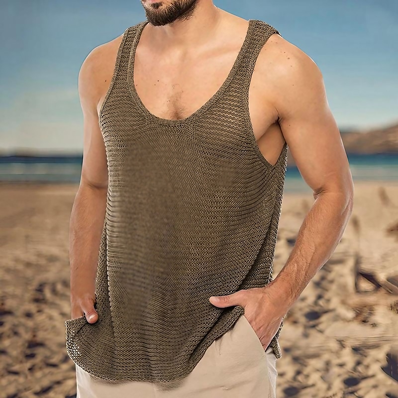 Men's Tank Top Vest Top Undershirt Sleeveless Shirt Sleeveless Crew Neck Summer Solid Color Sports Fashion Lightweight Vacation Casual Daily Black White Brown Top Tee for Men
