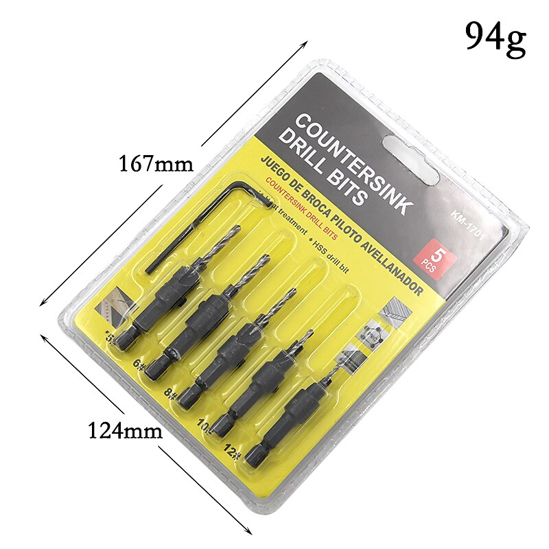5pcs Drill Bits HSS 1/4 Hex Shank Countersunk Bubble Shell Assembly Titanium Tapper Tool Woodworking Pilot Hole Size #5 #6 #8 #10 #12 With One Wrench2