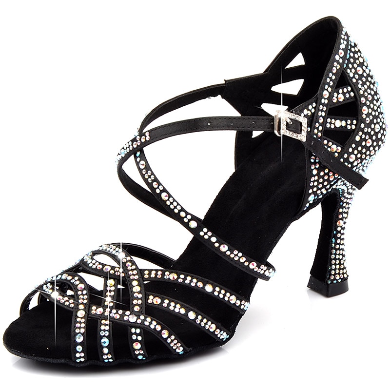Women's Latin Dance Shoes Salsa Shoes Dance Shoes Performance Indoor Glitter Crystal Sequined Jeweled Heel Peep Toe Buckle Cross Strap Adults' Almond Black Red3