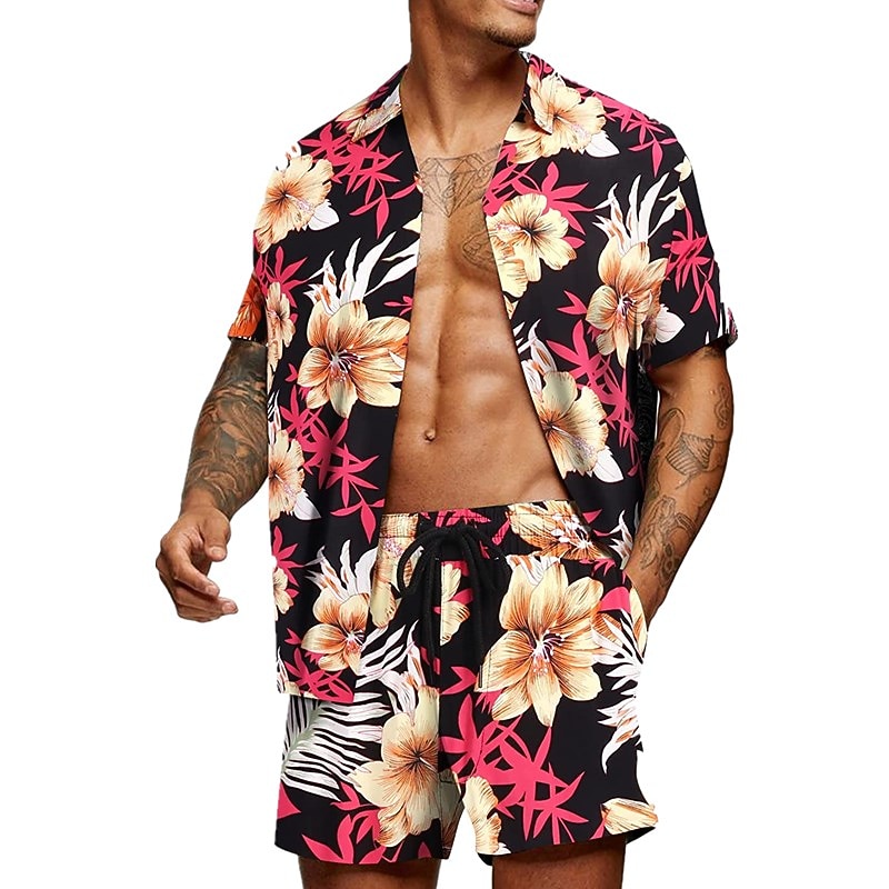 Men's Graphic Palm Leaf Tropical Plants 2pcs Shirts Sets Summer Hawaiian Shirt Short Sleeve Short Pants Turndown Designer Beach Vacation Casual Daily 3D Summer Silver Red / White Green / Black4