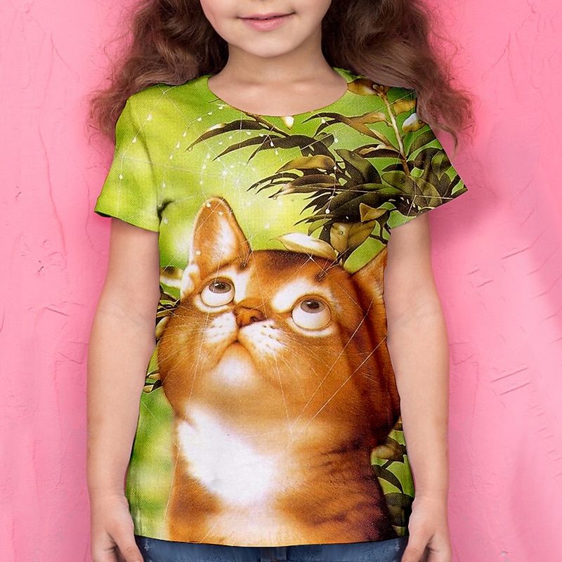 Girls' 3D Animal Cat T shirt Tee Short Sleeve 3D Print Summer Active Polyester Kids 4-12 Years School Daily Wear Regular Fit2
