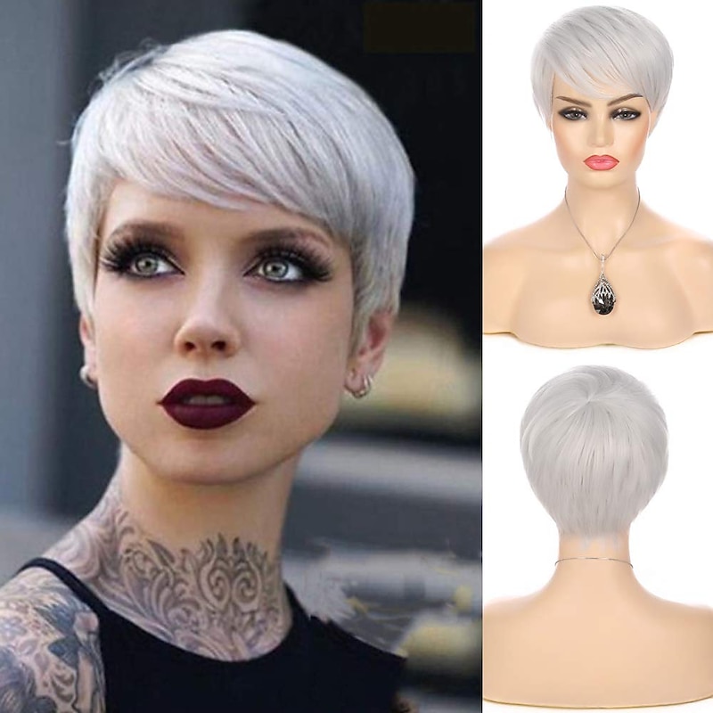 Silver Grey Wigs Short Hair Pixie Cut Straight Wig with Bangs Synthetic Cosplay Full Wigs for Women Heat Resistant Carnival Costume Party