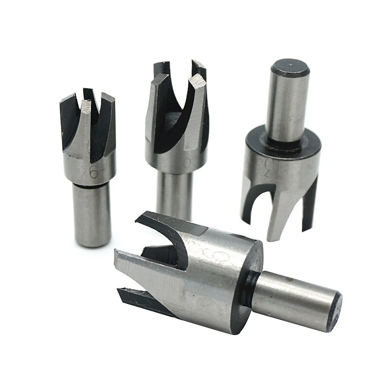 4pcs Round Shank Claw Cork Drill 3/8(9.5mm) Carpentry Wood Plug Cutter Four-Tooth Chamfered Cutters Chamfered Hole Drill 6mm 10mm 13mm 16mm2