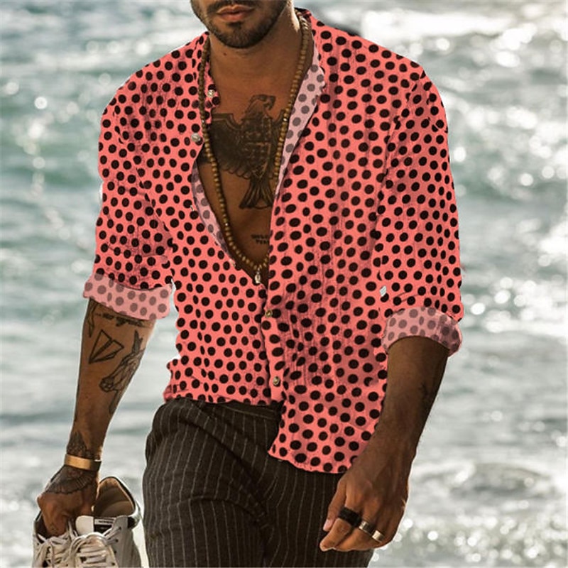 Men's Shirt Summer Shirt Button Up Shirt Black-White Black White Red Long Sleeve Polka Dot Collar Street Casual Button-Down Clothing Apparel Polyester Sports Fashion Classic Comfortable3