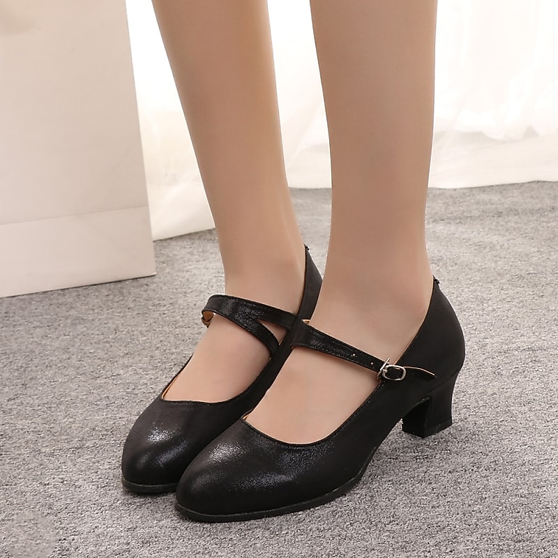 Women's Black Soft Sole Latin Dance Shoes – Low Heel PU Ballroom Practice Heels for Beginners and Social Dancing3